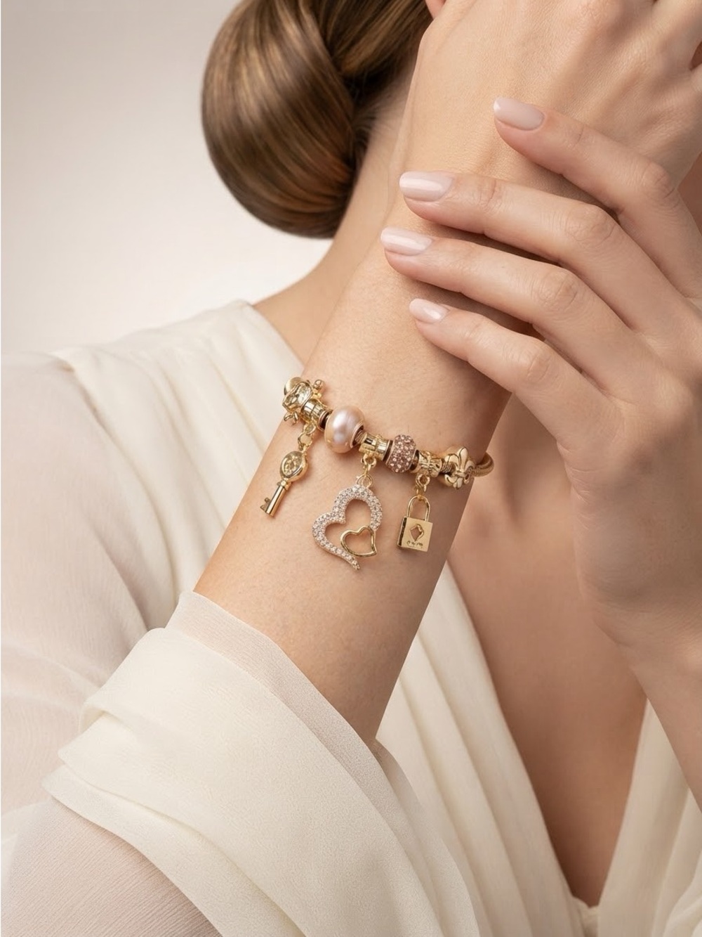Gold Lock & Key Charm Bracelet | Pandora Style Snake Chain - Picture 10 of 10